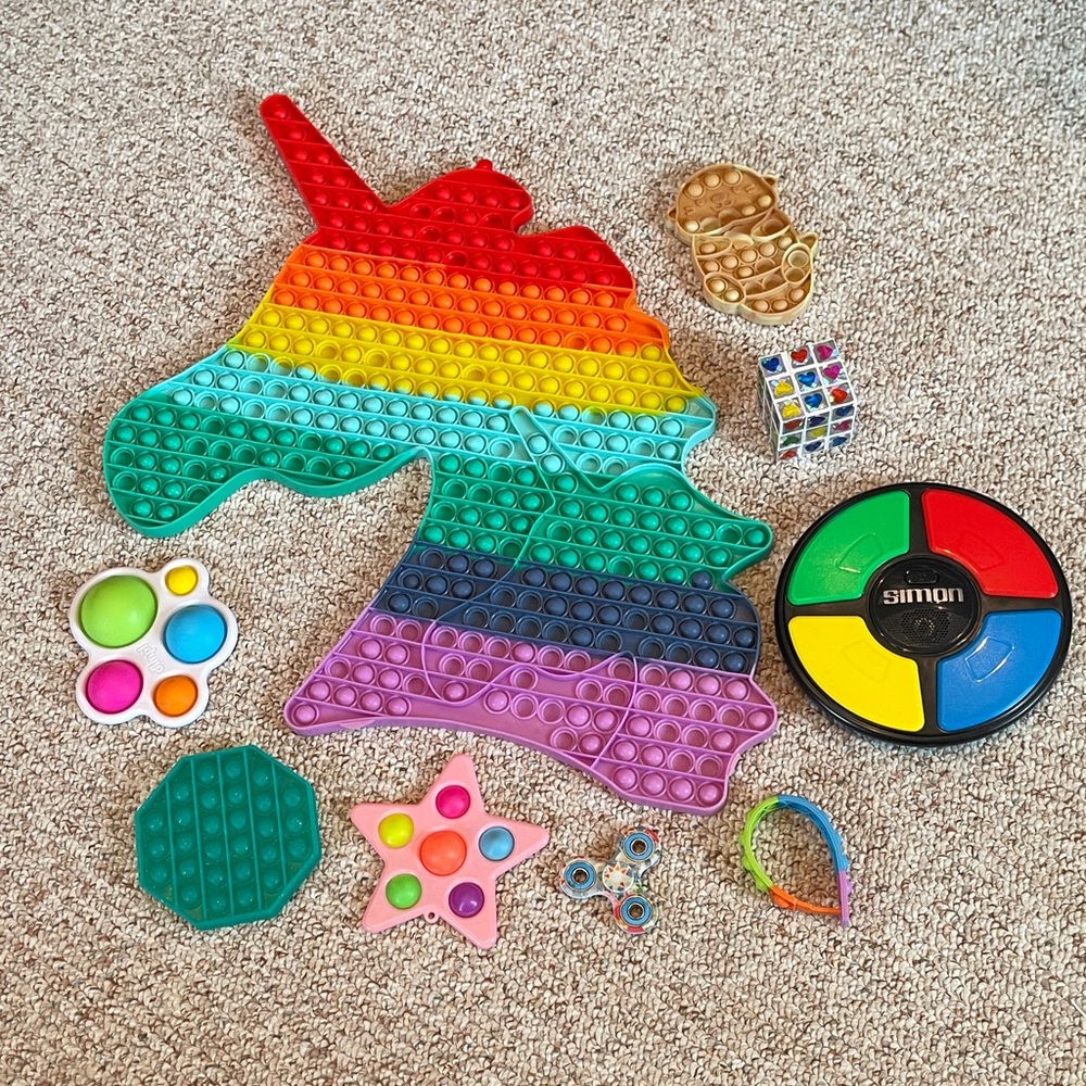 Rainbow Unicorn Pop It Fidget Toy, Rubix Cube and Simon